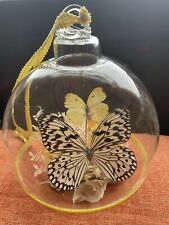 1970s Hand Blown Glass Round Ornament Butterflies Straw Flowers Arrangement picture