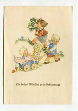 Ancient Ak Birthday Card Children With Hand Cart, Flowers And Teddy Bear 33 picture