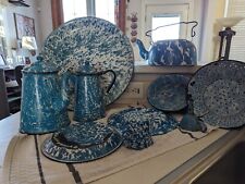 10 Pc Antique, Early 20th Century Blue & White Graniteware, Plates, Pans, Kettle picture