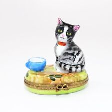 Limoges, France Porcelain Tabby Cat with Tea Cup Trinket Box by Gerard Ribierre picture