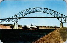 Vtg Massachusetts MA Cape Cod Canal Boat Passing Under Sagamore Bridge Postcard picture