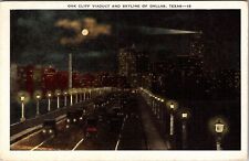 Dallas TX-Texas, Oak Cliff Viaduct By Moonlight, Period Cars Vintage Postcard picture