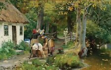 Dream-art Oil painting Peder-Mork-Monsted-Washing-Day cottage landscape canvas picture