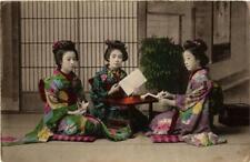 PC CPA 3 geisha girls at a table HAND COLOURED JAPAN (a12824) picture