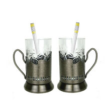 6-pc Set Russian Tea Glass Holders Podstakannik & Cut Crystal Glasses & Spoons picture