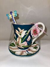 Blue Sky Clayworks Green Lilies & Dragonfly 3 Piece Cup, Saucer, & Spoon Set picture