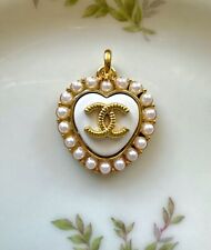 Gold White and Pearl Chanel Heart Zipper Pull Button Stamped Charm picture