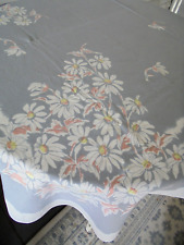 Vintage Light Gray w/ White Shasta Daisies Floral Cotton Tablecloth 50