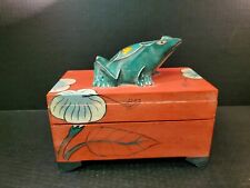Rare Hand Painted Red Wooden Antique Hand Carved Box w Frog on Top picture