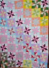 Quilt Hand Machine Stitched 8 Point Star Colorful Rainbow Patches Recycled 74x93 picture