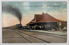 Postcard WI Arriving At Monroe Wisconsin C. M. & St Paul Depot Railroadiana UNP picture