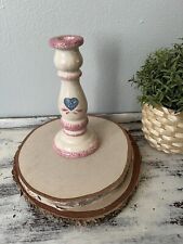 Vintage Candlestick Country Pottery Pink Blue Hearts Spongeware Handpainted 7.5” picture