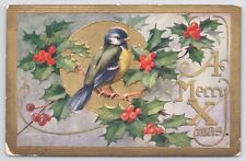 A Merry XMas~Birds On A Branch~Moon In Bkgd~Holly Berries~Gold Border~Emb~Vtg PC picture