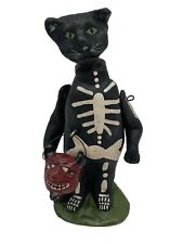 Bethany Lowe Halloween Black Cat Skaleton W Lantern Folk Art Figurine Vintage 4” picture