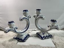VTG PAIR of Hand Painted China Blue Ceramic Double Candlestick Holders Portugal picture