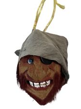 Vintage TIKI Carved Coconut Pirate Head Shredded Coconut Red Beard + Eye Patch picture