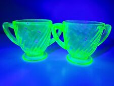 Vintage/MCM Uranium/Vaseline Glass Swirl Optic Pattern Two-handled Footed Cups 2 picture