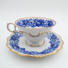 Schumann Bavaria Heirloom Blue Roses Footed Cup and Saucer Gold Trim  VTG  AS IS picture