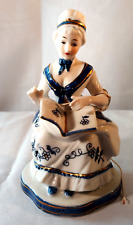 Vintage KPM Porcelain Blue and White Victorian Lady with Basket Figurine & Stand picture