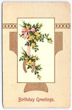 1909 Birthday Greetings Flower Red Roses Bordered Wishes Card Posted Postcard picture