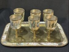 Vintage Antique Brass Cups & Tray Abalone Set *  picture