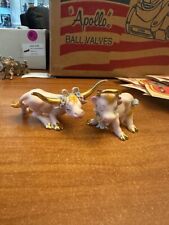 2 Cow figures pink gold horns porcelain vintage japan mcm steer bull flower vtg picture