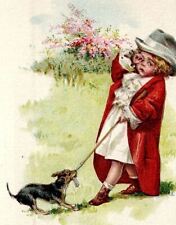 1880s VICTORIAN GIRL MEN'S BLAZER & HAT BEING PULLED BY DOG TRADE CARD 25-239 picture