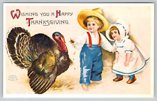 c1910s Thanksgiving Turkey Boy Girl Antique Postcard picture