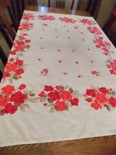 Vintage MCM Cotton Tablecloth Red Roses & Buds 64x54 rectangle Mid Century 1950s picture