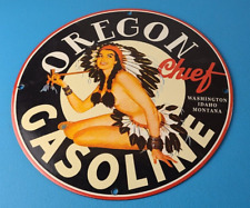 Vintage Oregon Gasoline Sign - Indian Chief Gas Motor Oil Pump Porcelain Sign picture