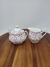 Vintage Royal Albert “Rose Confetti “ pink roses sugar bowl with lid and creamer picture