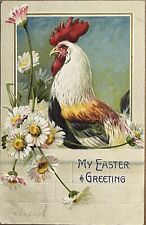 Easter Greeting Rooster Daisies Vintage Embossed Postcard c1910 picture