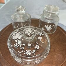 Vintage 1950's   RARE Glass Vanity Set Powder Box/Perfume Bottle/Cotton Jar picture