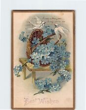 Postcard Best Wishes with Flowers Basket Birds Embossed Art Print picture