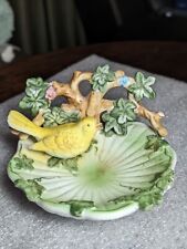 Vintage Norleans Yellow Bird Canary Trinket Dish Porcelain  Leaves Tree Flowers  picture
