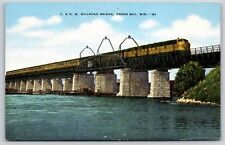 Green Bay Wisconsin~C & NW Railroad Bridge~Train~EC Kropp Vintage Linen Postcard picture