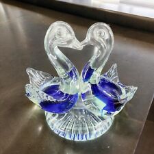 Vintage Art Glass Love Birds Duck Goose Birds Clear With Cobalt Blue Paperweight picture