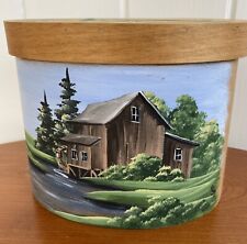 Vintage Hand Painted Oval Wood Shaker Style BoxGrist Mill Scene Farmhouse Decor picture