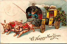 Vtg 1910s Happy New Year Pigs Pulling Carriage Gel Gold Gilt Embossed Postcard picture