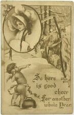 1911 Kathryn Elliott Nouveau Cherub Grim Reaper Old Man Winter New Year Postcard picture
