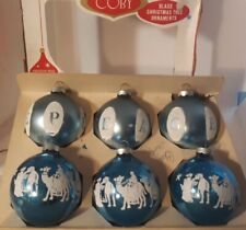VTG Coby Glass Christmas Tree Ornament Blue Peace Nativity Art Scene Stencil Box picture