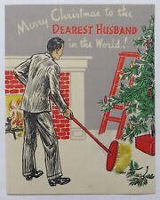 Vtg 1930's Christmas Card-MAN HUSBAND SWEEPS THE FLOOR FIREPLACE TREE BROOM picture