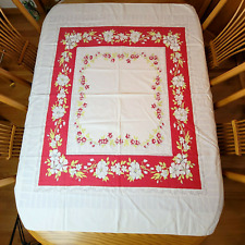 Vintage 50's Red Floral Cotton Tablecloth Apple Blossoms 51x42 Kitschy Flaws picture