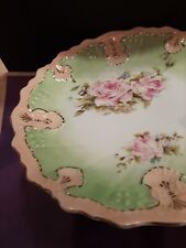 Antq Victorian textured Cabinet Plate Pink & Green Roses, Gold Gilt, 7.25