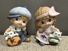 Vintage Homco #1439 Porcelain Girl w/Cat and Boy w/Dog Wearing Hats Adorable EUC picture