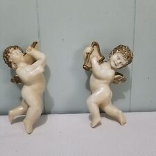 Pair Of Vintage Cherub Angels MCM White & Gold  Hanging Wall Decor Putti Shabby picture