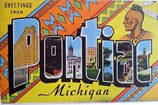 Greetings From Pontiac Michigan Large Big Letter Postcard Linen Unused Vintage picture