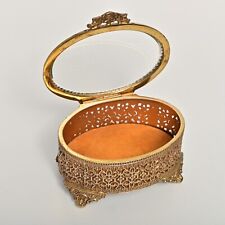 Vtg Gold Filigree Ormolu Footed Jewelry Box Casket Beveled Glass Velvet Lined-4” picture