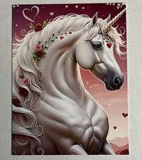 UNICORN BEAUTIFUL WHITE ARABIAN HORSE VALENTINE POSTCARD ART PRINT 4 1/4