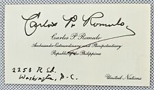 Philippine Diplomat, Soldier,  Author Carlos P. Romulo Hand Signed Business Card picture